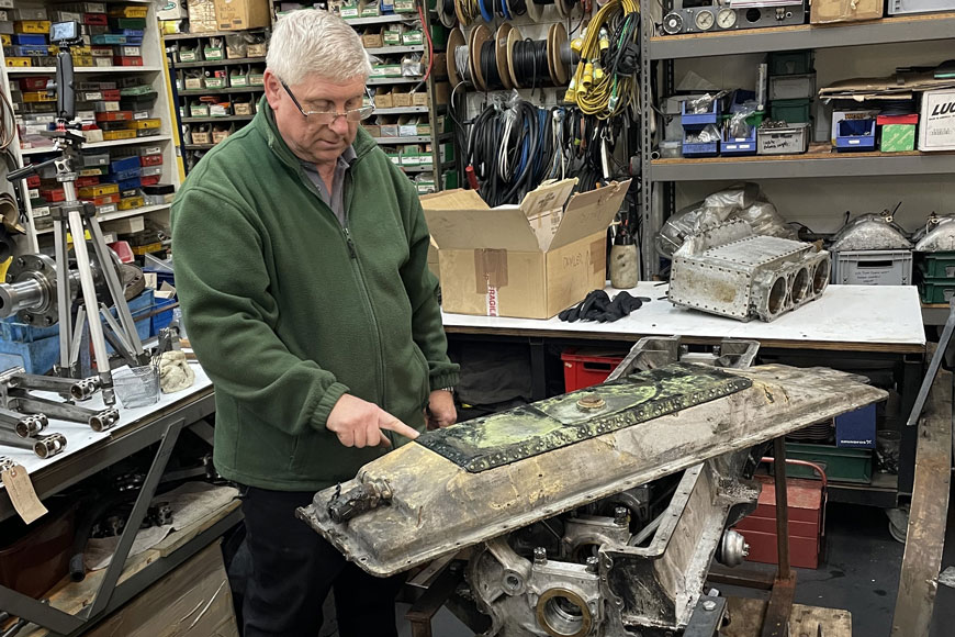 National Motor Museum Senior Engineer Ian Stanfield Shows Sump Repair Patch On Sunbeam 1000Hp Front Enginew870px H580px