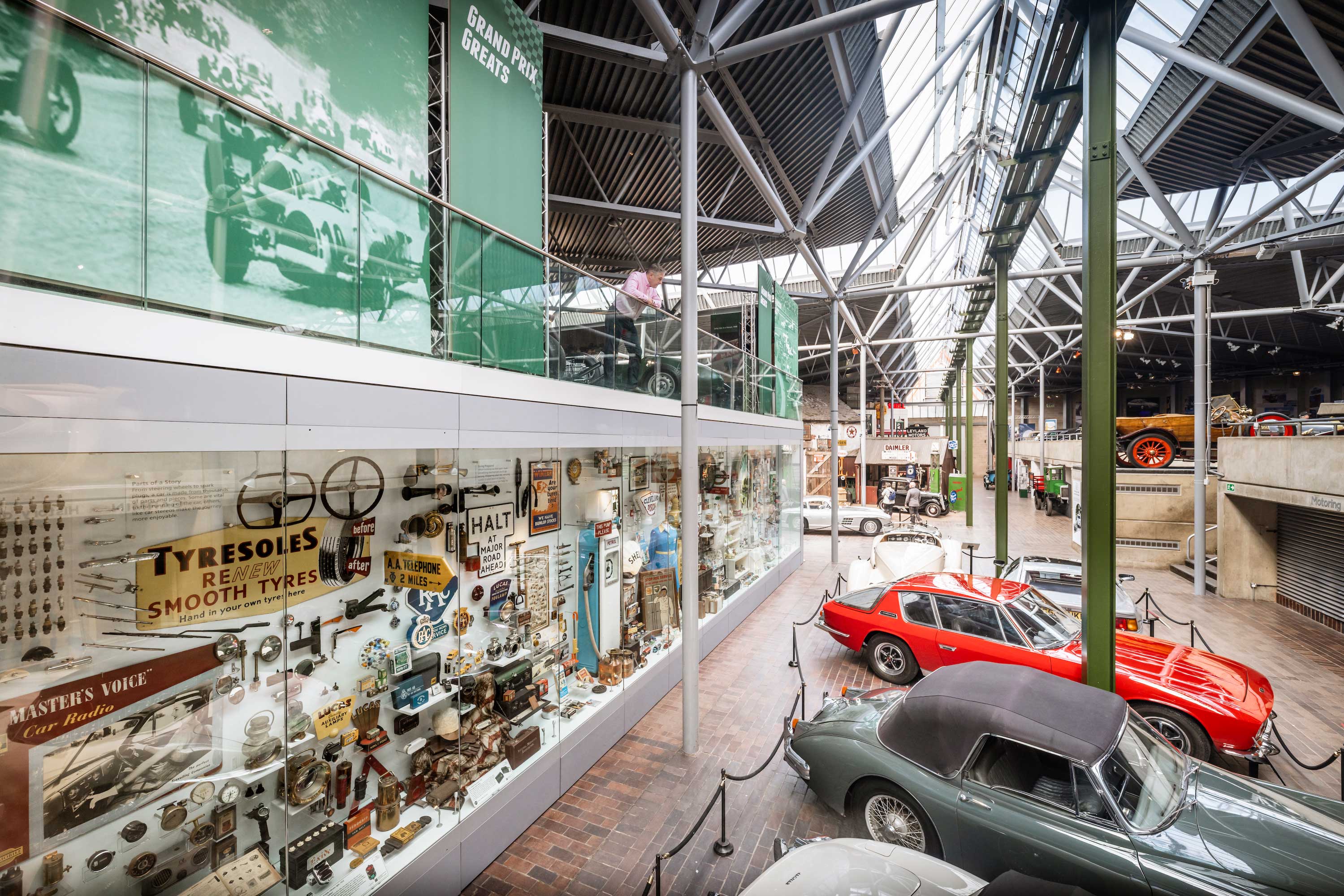 Mezzanine showcase and cars in the National Motor Museum