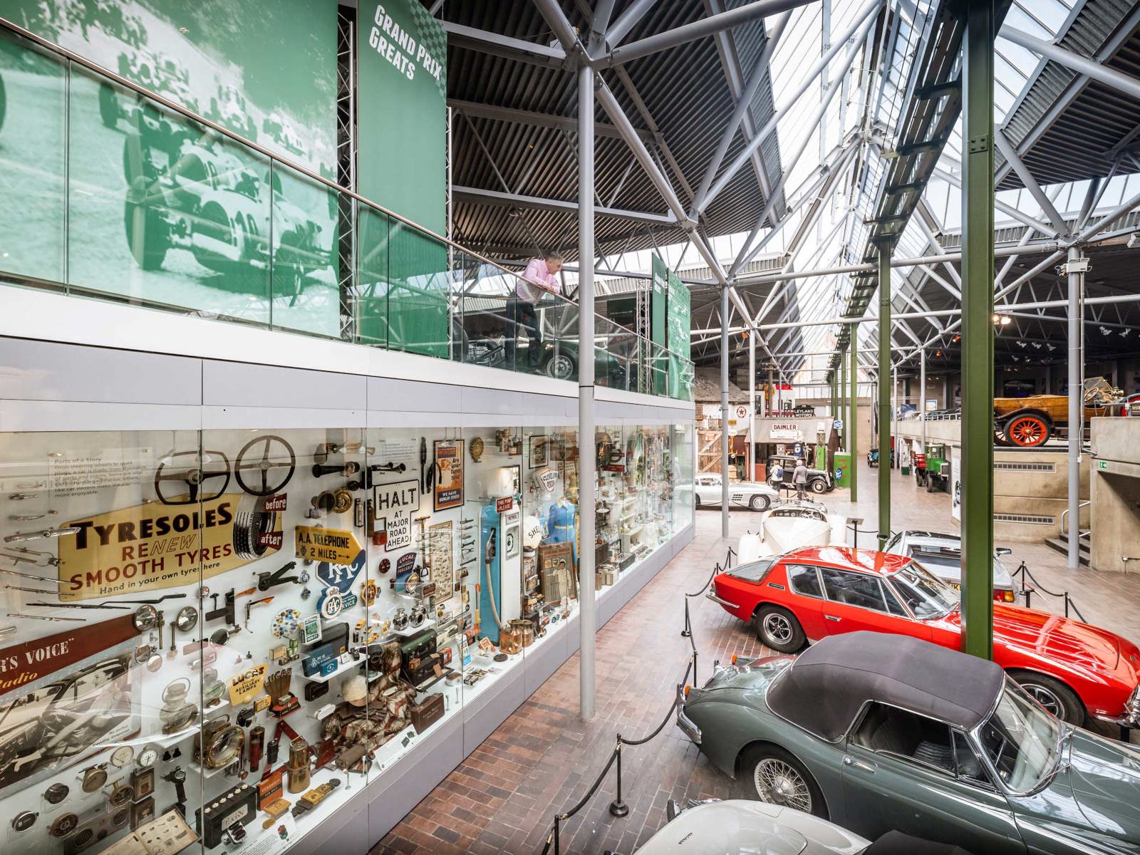 Mezzanine showcase and cars in the National Motor Museum